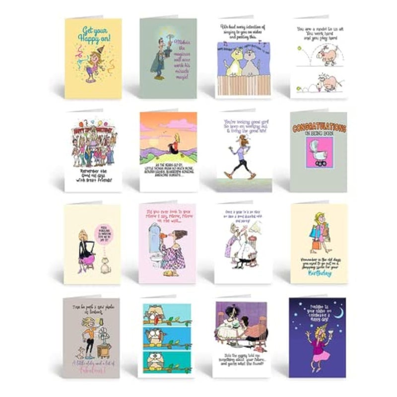 Stonehouse Collection 16 Assorted Funny Birthday Cards w/Envelopes, Full Color Front & Inside Birthday Cards, Friendly Humor Greeting Cards, Boxed, US-made, 4.5" x 6.25"